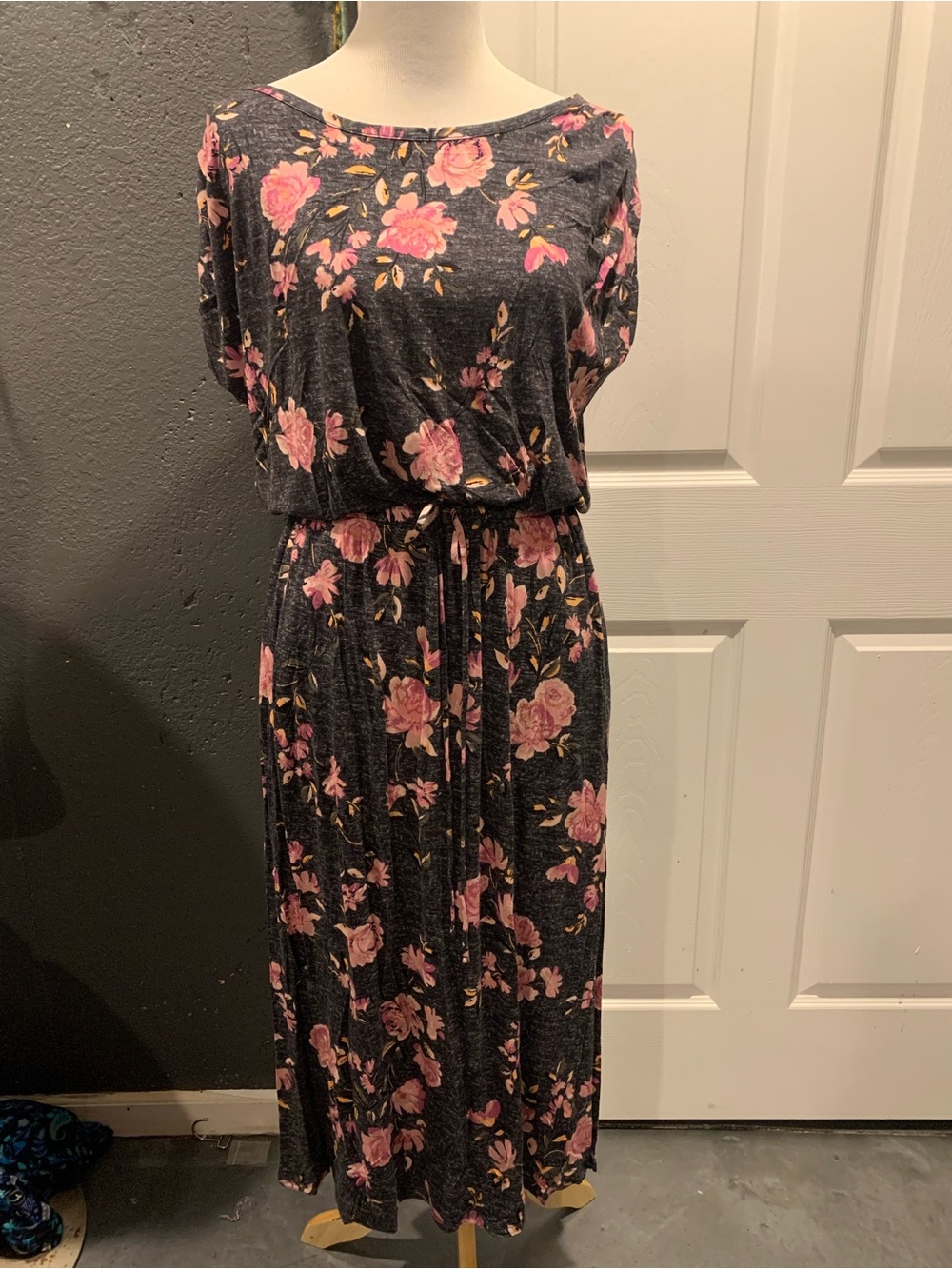 Floral Pink on Charcoal Midi Dress with Tie Waist